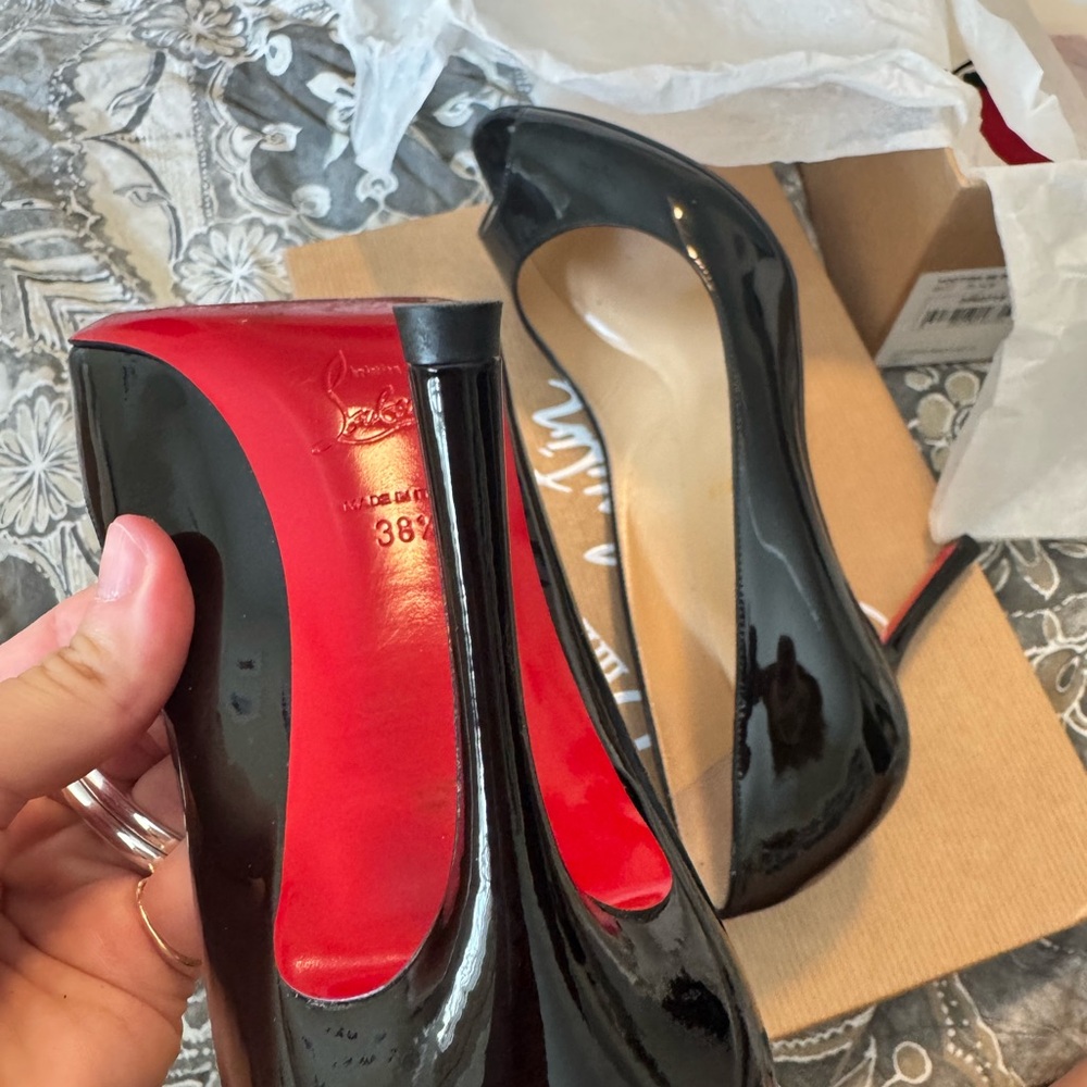 Christian Louboutin Glossy Black Peep Toe Heels Yootish 85 - Picture 14 of 16